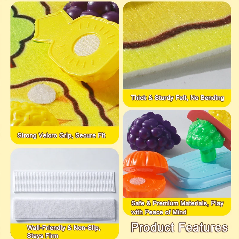 Gioco di simulazione cucina in feltro per bambini, adesivi da parete/recinzione, simulazione di frutta e verdura da fattoria, giocattolo per attività motorie grosse - immagine 5
