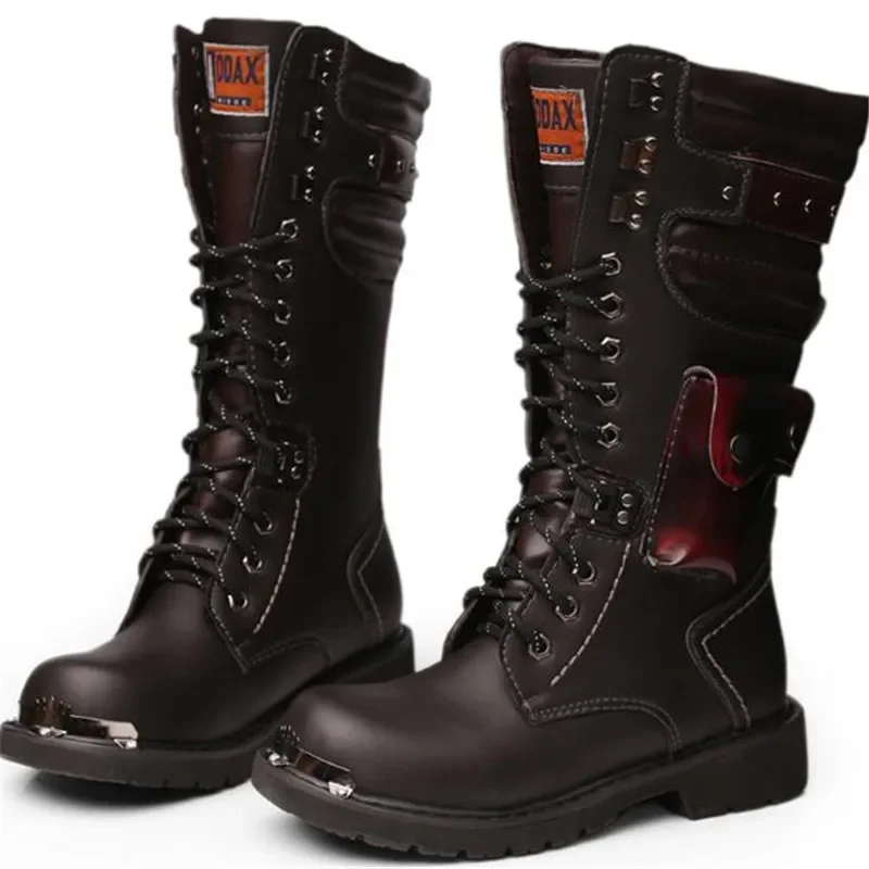 

size 37 46 Men's Leather Motorcycle Boots Mid-calf Military Combat Boots Gothic Belt Punk Boots Men Shoes Tactical Army Boot