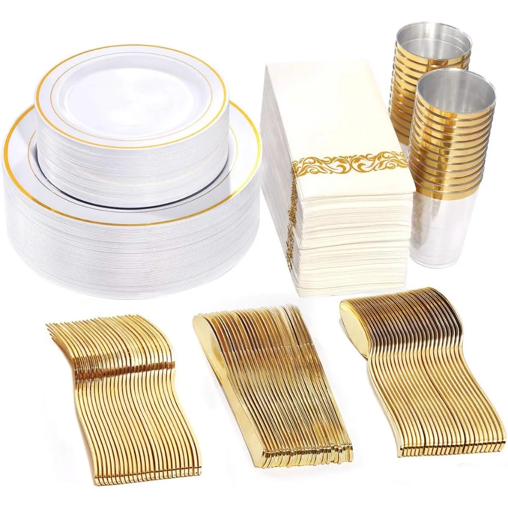 350 Pieces Plastic Plates-50 Guest Disposable Dinnerware Set Include 100 Plates, 50 Gold Plastic Silverware, Gold Napkins