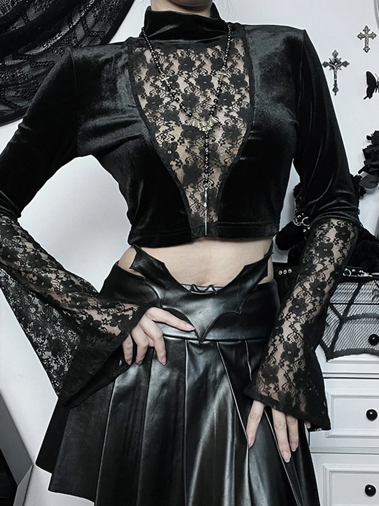 Vestido Negro Largo Gotico Vestido Lencero Con Empalme De Malla De