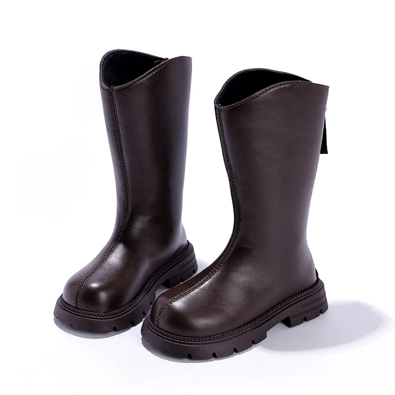 Winter Children's Long Boots Fashion Classic Black Brown Girls Platform Mid-calf Boots Simple Plush Kids Outdoor Cotton Boots