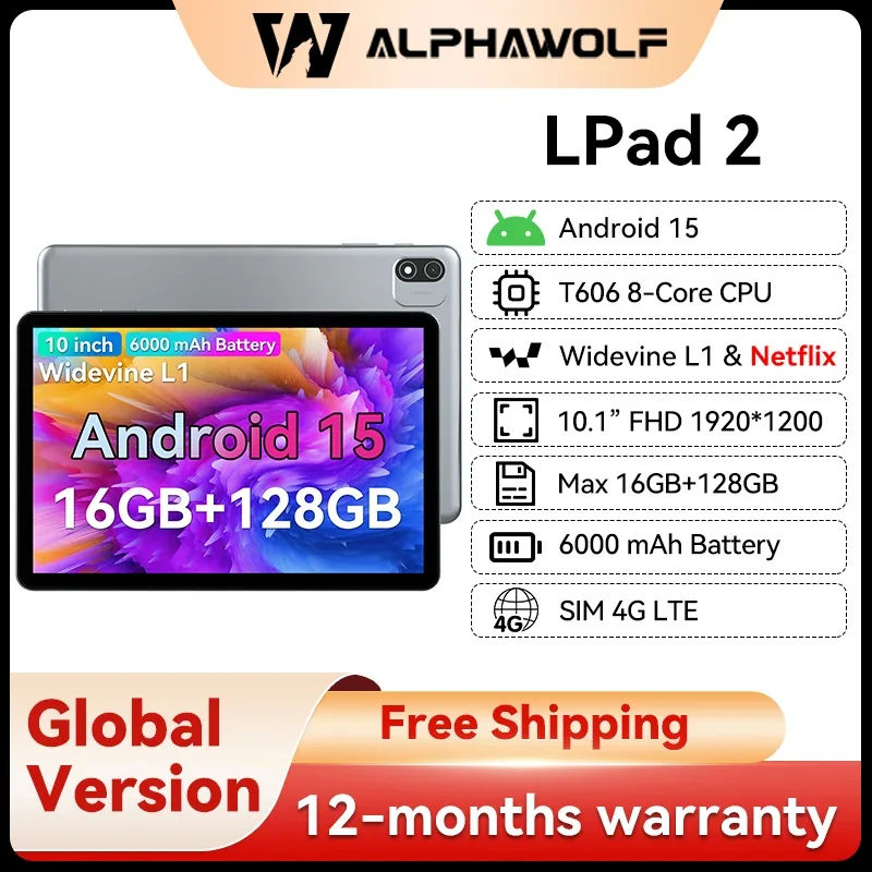 Alphawolf LPad2 Android 15 WiFi Tablet 10 inch 1920*1200 FHD 16GB+