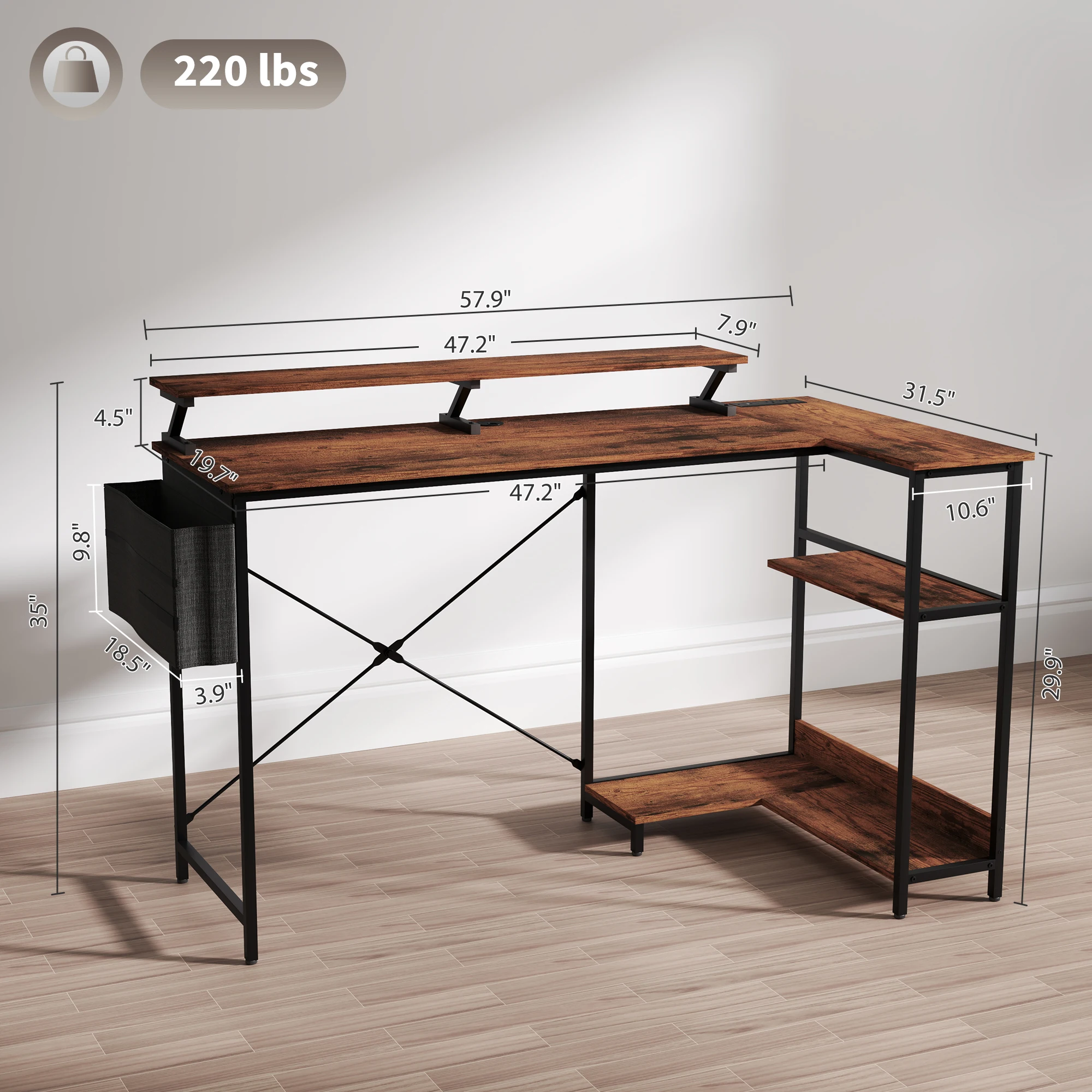 58" Reversible L Shaped Computer Desk, Corner Desk with Monitor Stand, Power Outlets and Led Lights, Black 3