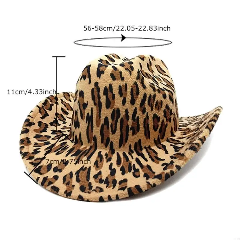 652F Western Styles Hat Roll Trim Cowgirls Fedoras Wide Brims Hat with Leopard Pattern for Outdoor Activity and Cosplay Party