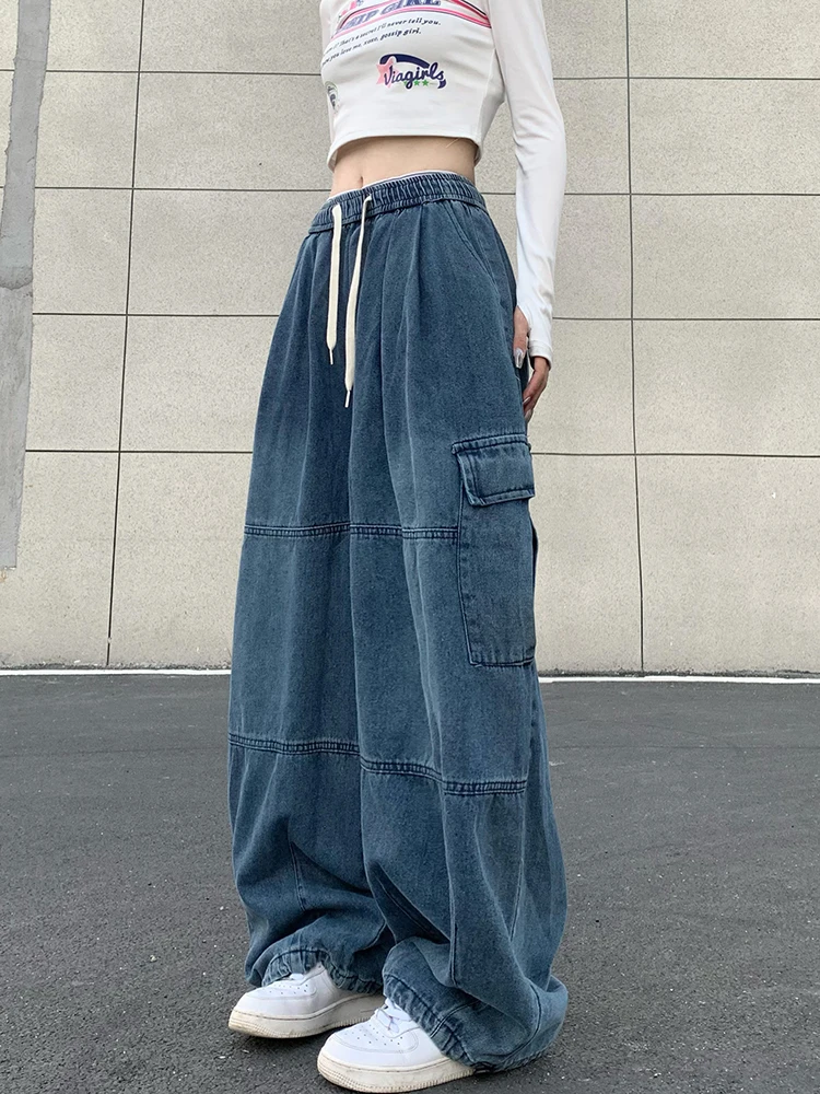 Unisex HipHop Toweling Loose Jeans Elastic Waist Wide Leg Denim Pants Harajuku Pocket Baggy Cargo Jeans Soft Trousers Streetwear