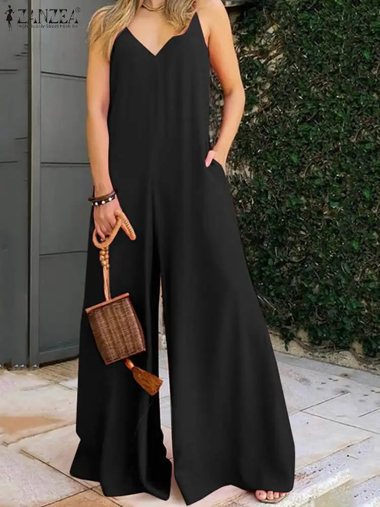 

ZANZEA Fashion Loose Jumpsuits V-neck Spaghetti Straps Women Summer Overalls Wide Leg Pant Casual Sleeveless Holiday Long Romper