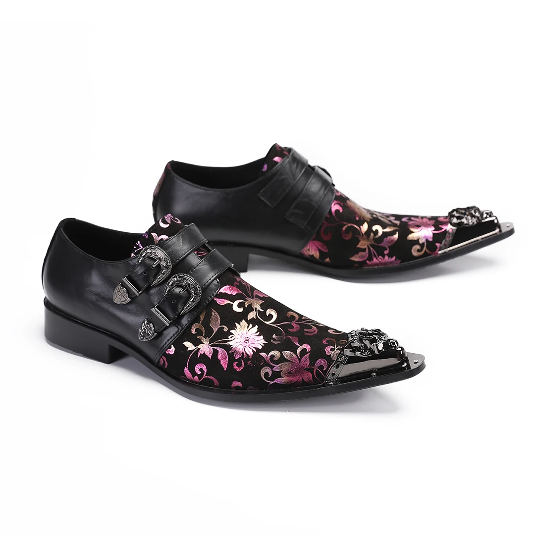 Handmade Pink Print Wedding Party Dress Shoes Fashion Big Size Cow Leather Formal Shoes Business Office Pointed Toe Casual