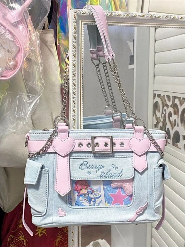 Japanese Denim Transparent Pocket Chain Lolita Women Shoulder Crossbody Bag Cute All Match Handbag Itabag Designer Bag