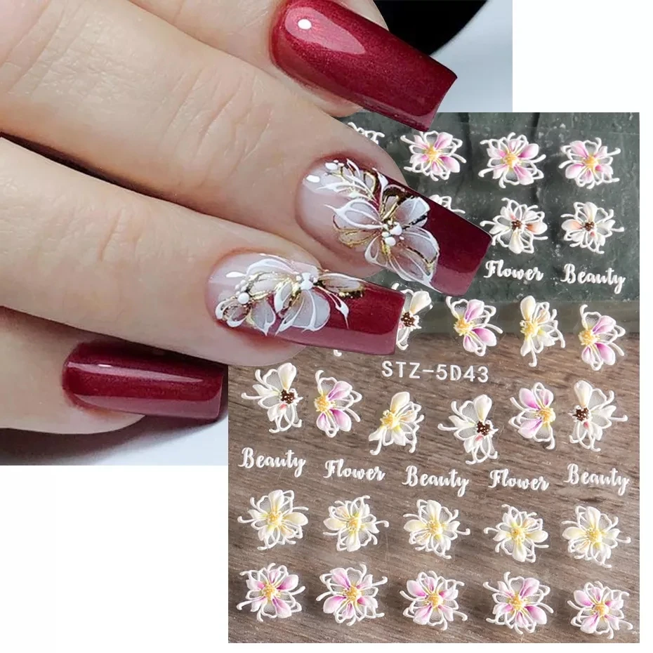 Nail stickers 5D acrylic flowers stickers nails art supplies gradient pink white floral lace nail slider summer manicure decor foils STZ-5D43