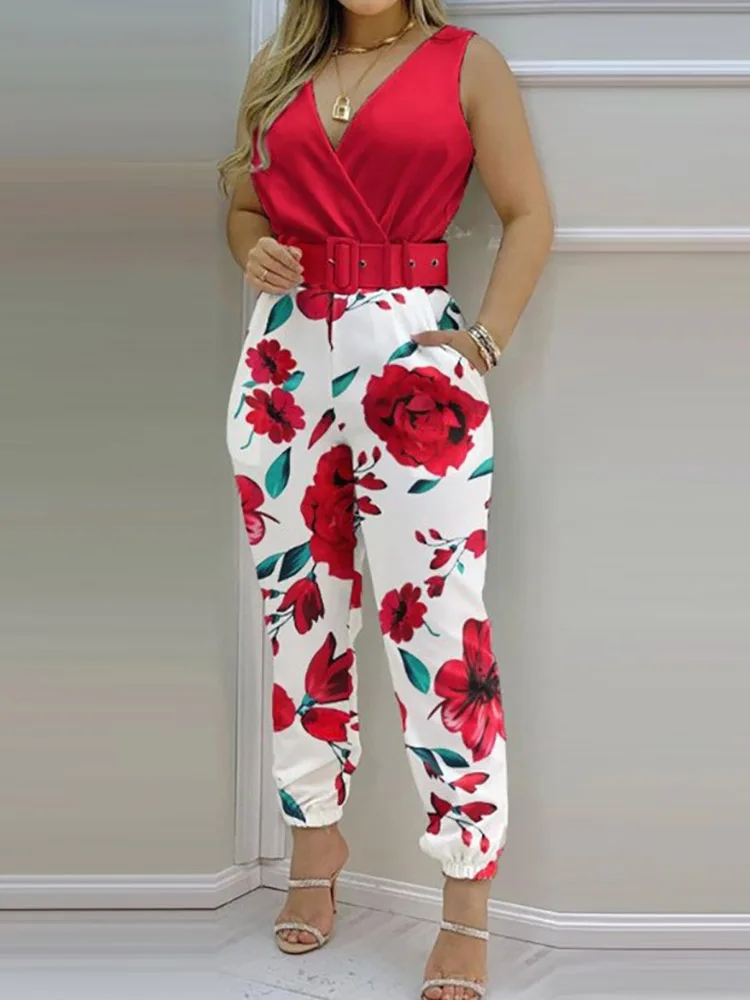 Office Lady Sleeveless Floral Printing Pencil Pants Jumpsuits Summer Deep V  Neck Women Bodysuits Sashes Streetwear Dropshipping| | - AliExpress