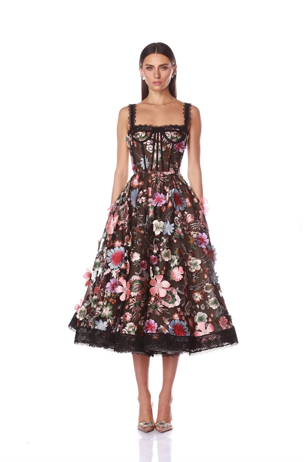Customize Embroidered Black Tea-length Prom Dress Lace Hem A-line vestidos de noiva Square Neck Zip Back Evening Dresses