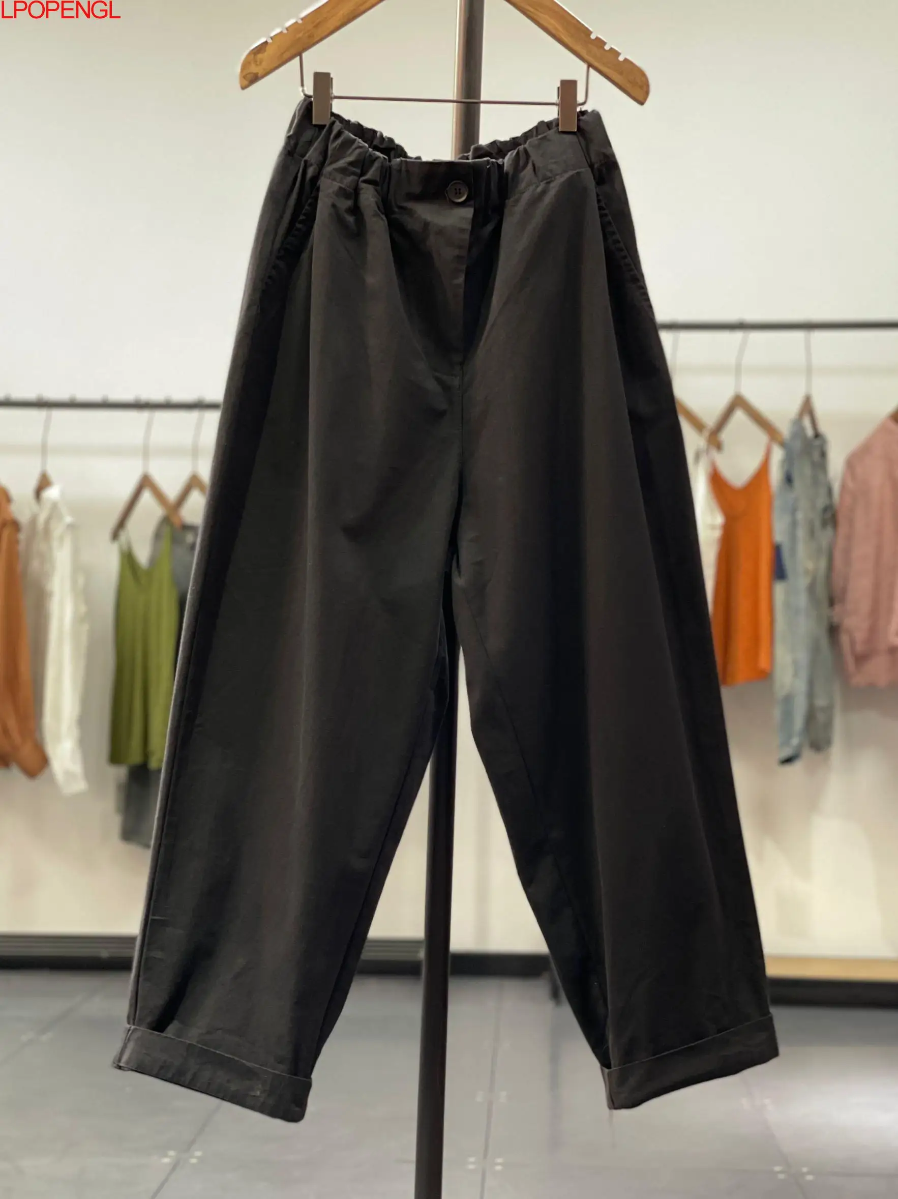 Spring And Summer New Literary And Artistic Elastic Waist Solid Color Casual  Women's Loose Straight Leg Thin Nine-point Pants