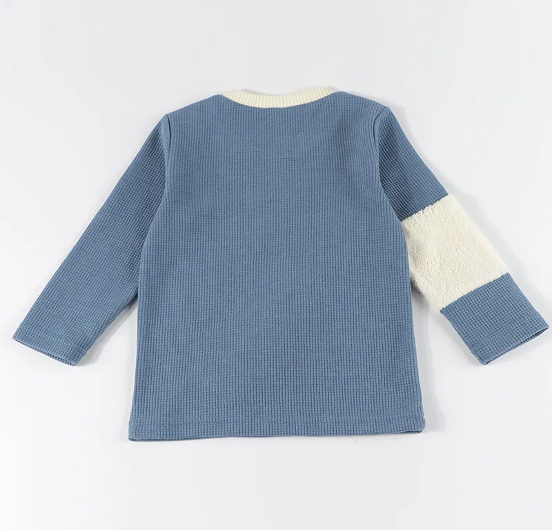 Jungen hemd waffel stricken top kinder t-shirt lange ärmel kontrast fell patch kinder top kordelzug winter jungen rundhals kleidung top – Detail 5