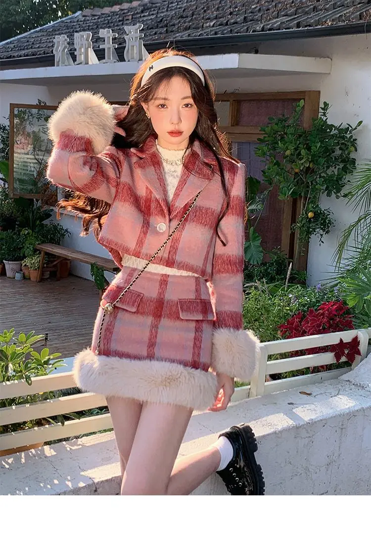 2023 Winter Christmas Knitted Suits For Women Clothing Korean Fashion Plaid Blazers Coats + Mini Skirts 2 Piece Set Vintage Pink