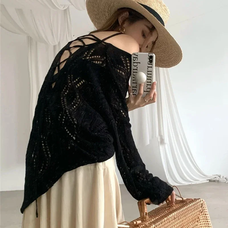 Hollow Out Lace Up Top New Long Sleeve Sunscreen Cover Up Thin Knitted Women Blouse Loose Air-conditioning Casual Shirts