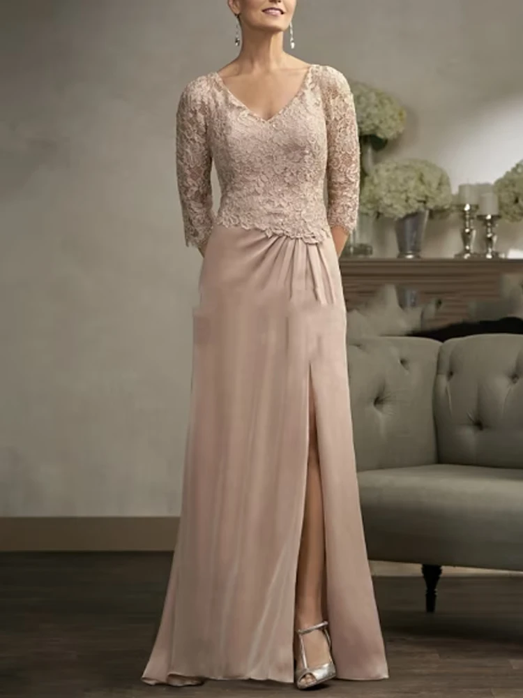 MotheroftheBrideDressDustyRoseVNeckSweepTrainChiffonLace3