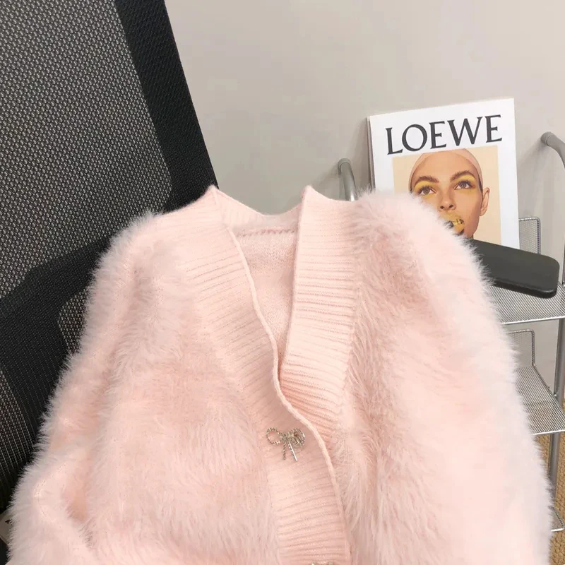 여성용 우아한 니트 가디건, 모조 밍크 크롭 스웨터 코트, 스위트 활 니트웨어, 한국 V넥 소프트 캐주얼 점퍼 탑, 신상