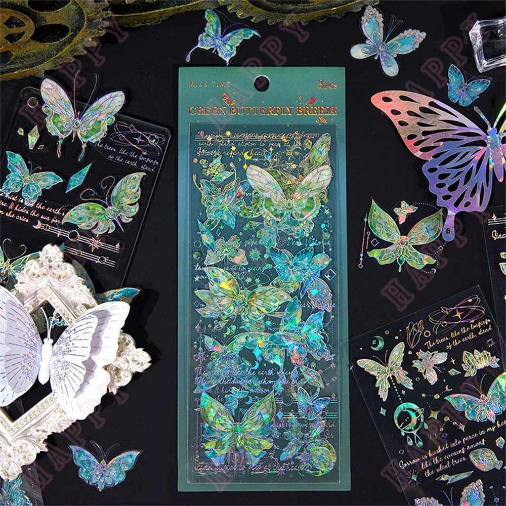 

2024 3Pcs Vintage green Butterfly Decorative Pvc Sticker Handbook Scrapbook Material Label Diary Phone purple Kawaii Stickers