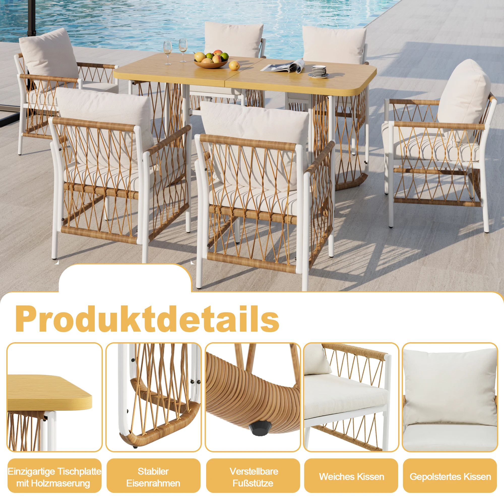 Modernes Outdoor-Set, Freizeit- und Besprechungsset für mehrere Personen, Eisenrahmen, geflochtene Armlehnen, Sitzkissen inklusive. – Detail 15