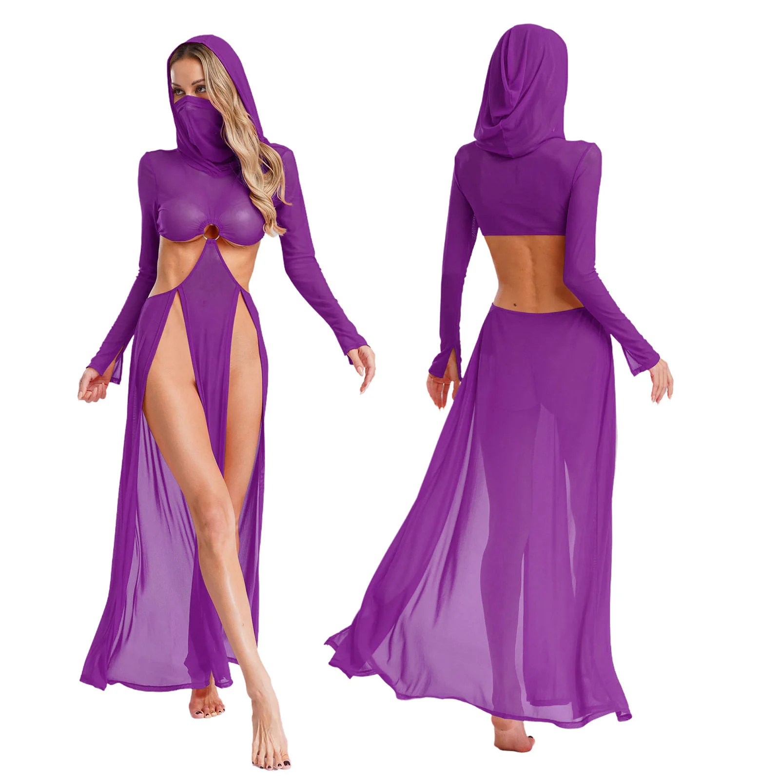 Women Sheer Dress Maxi High Slit Dress Cover Up Swimwear Sexy Mesh Dress Hooded Face Mask Long Sleeves Hollow Out Sheer Dress
