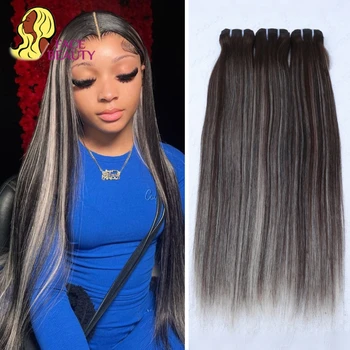 Ciocche di Capelli Umani Vietnamiti Marrone Scuro con Riflessi Grigio Argento, Trama Piano Weave, Offerta 1/2/3/4 Ciocche, Doppia Trama, Capelli Balayage