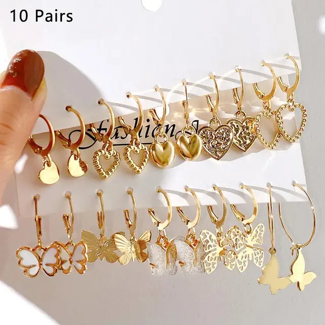 New Gold Color Butterfly Love Hoop Earrings Set New Creative Simple Heart Hollow Dangle Earring for Women Fashion Trendy Jewelry 1