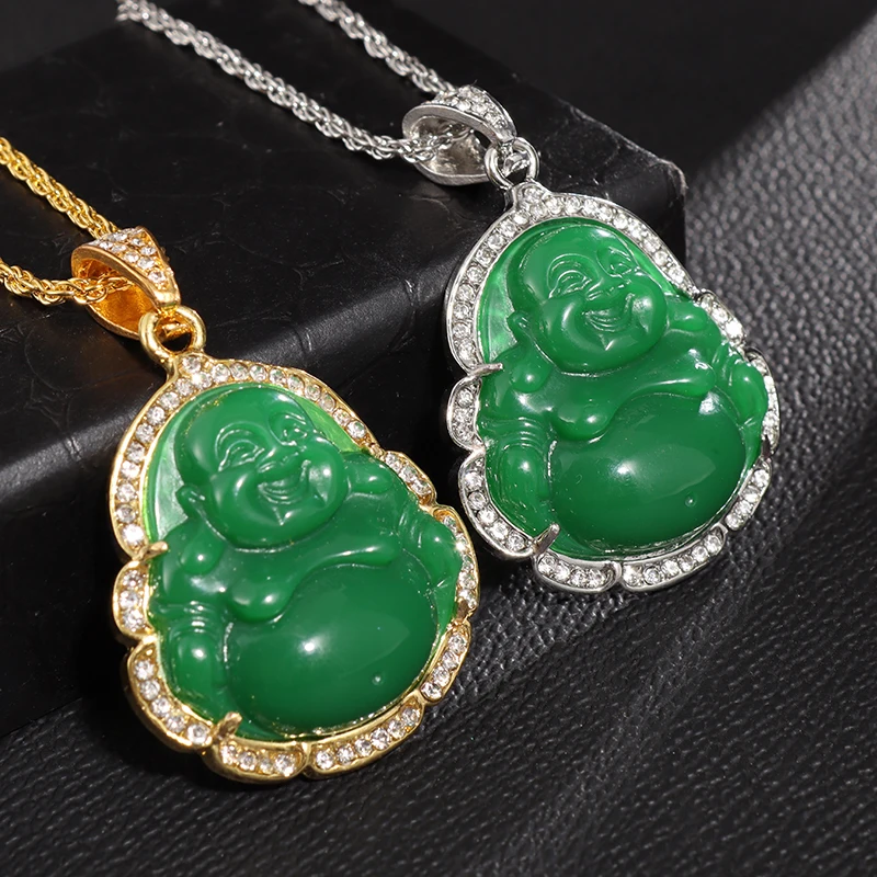 Exquisite Green Imitation Natural Stone Maitreya Buddha Pendant Necklace Inlaid with Zircon Women's Amulet Jewelry Gift