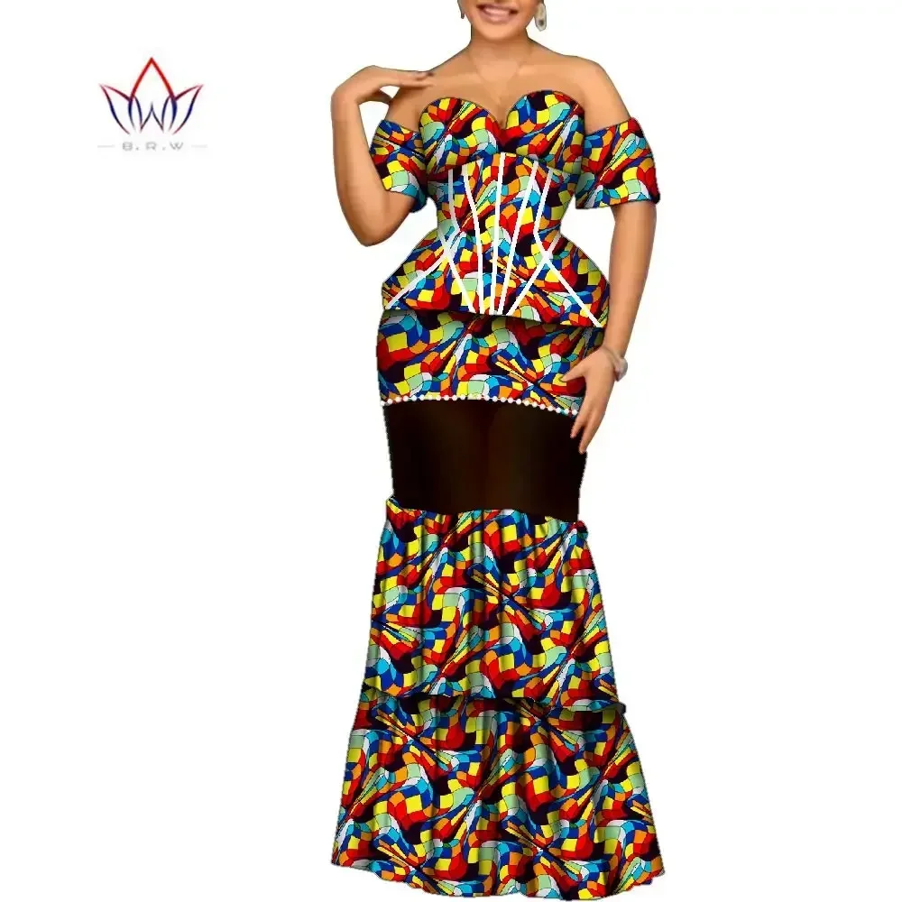 

African Women Applique Off Shoulder Top Mermaid Skirt 2 Pcs Set Lady Peals Organza Yarn Skirt Suit Party Wedding Clothes Wy10259