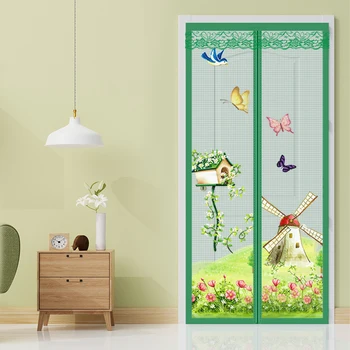 Écran de fenêtre de porte à écran magnétique, rideau de porte anti-moustique mains libres rétractable, écran de porte décoratif de style rustique vert 1
