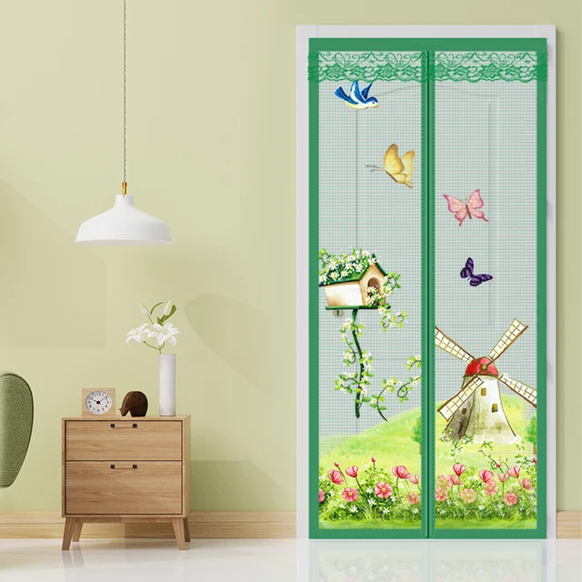 Écran de fenêtre de porte à écran magnétique, rideau de porte anti-moustique mains libres rétractable, écran de porte décoratif de style rustique vert 1