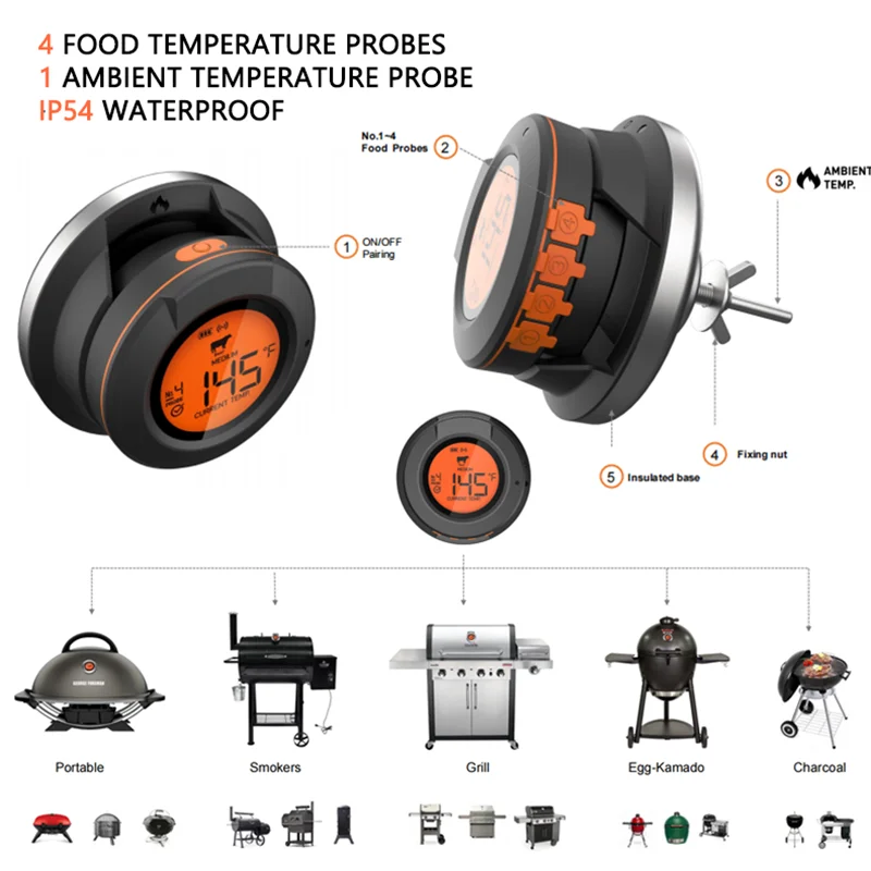 Smart Meat Thermometer with Bluetooth, 164ft Wireless Range for The Oven,  Grill, Kitchen, BBQ, Smoker, Rotisserie, 2 Probes