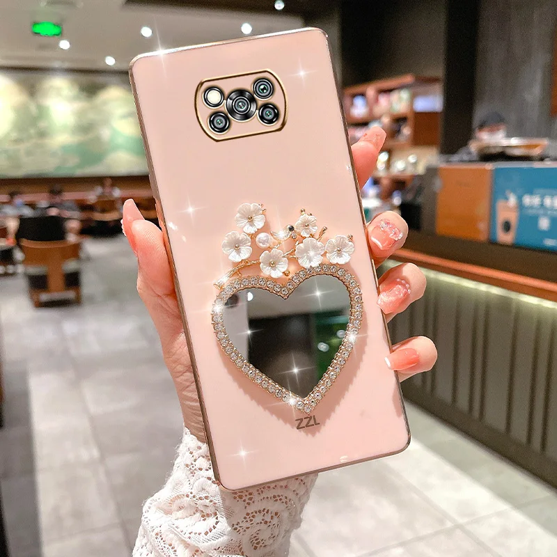 

Heart Mirror Case For Xiaomi Poco X5 M4 Pro X3 NFC 11 11T 12 13 Lite Diamond Plum Flower Cover For Redmi Note 7 8T 9T K60 K50
