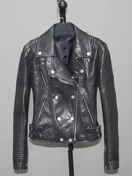 Genuine Leather Clothes Women's Black Sheepskin Slim-Fit Short Lapel Casual Fashion European  American Jacket Suit Collar Zipper