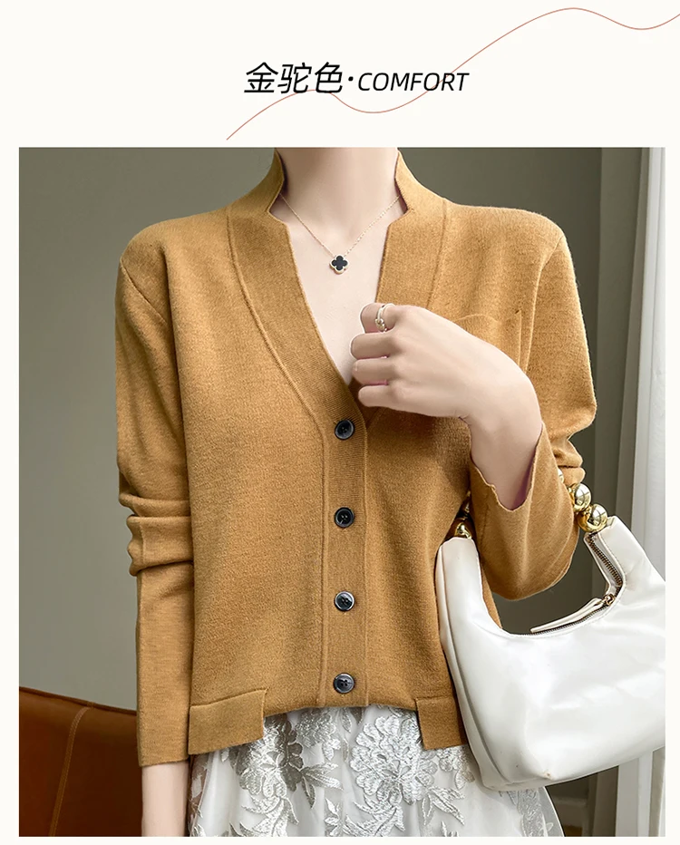 Damen-Cardigan mit V-Ausschnitt, langen Ärmeln, Kammgarn, 100 % Wolle, Frühling und Herbst, neue lockere Strickjacke mit Tasche, einreihig – Detail 10