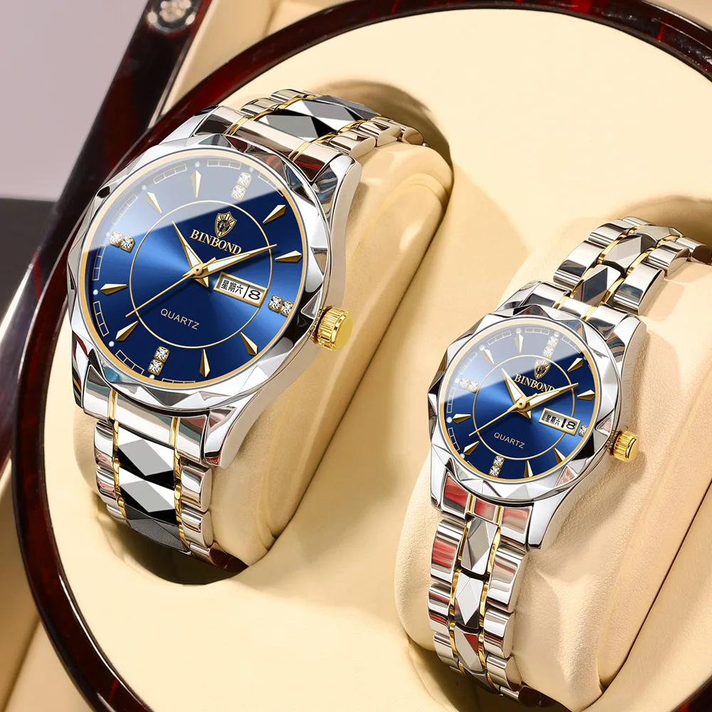 

Men's Women's Watch Lovers Quartz Watch Stainless Steel Strap Business Week Calendar 30M Waterproof Luxury Wristwatch with Box