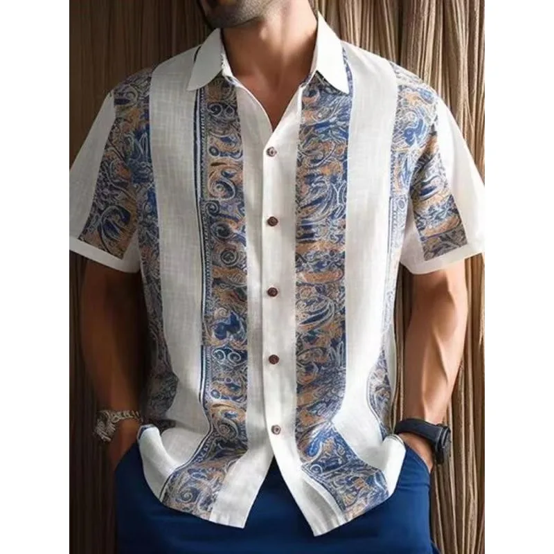 

New Hawaiian Beach Resort Shirt Short Sleeve Cardigan Shirt Men's Cuff Front Contrast Polo Neck Shirt Fashion and Handsome Top