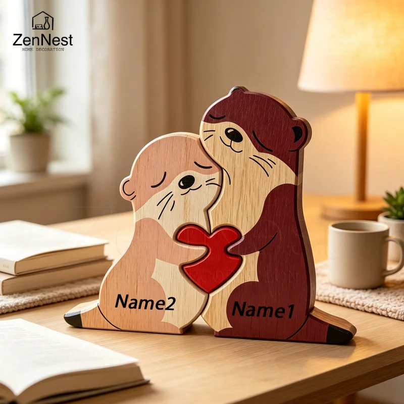 Charming Otter Family Wooden Puzzle Ornament with Red Heart - Perfect for Home or Office Décor and Thoughtful Gift