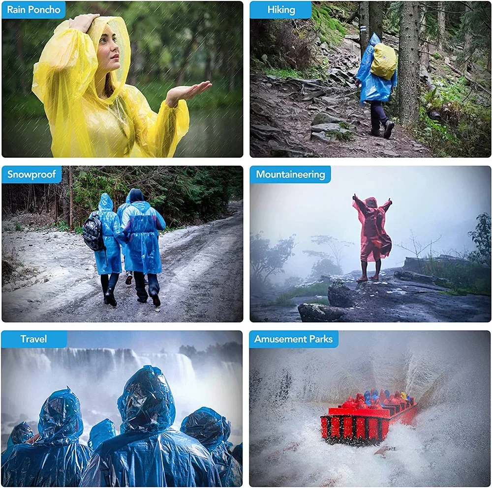 10/20/50 Pieces Rain Ponchos Adults Disposable Plastic Raincoats with Hood Portable Emergency Raincoats for Outdoor Activities 6