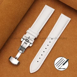 Luxurious Calfskin Litchi Leather Watch Band with Butterfly Buckle - Elegant Strap - 22mm (White)