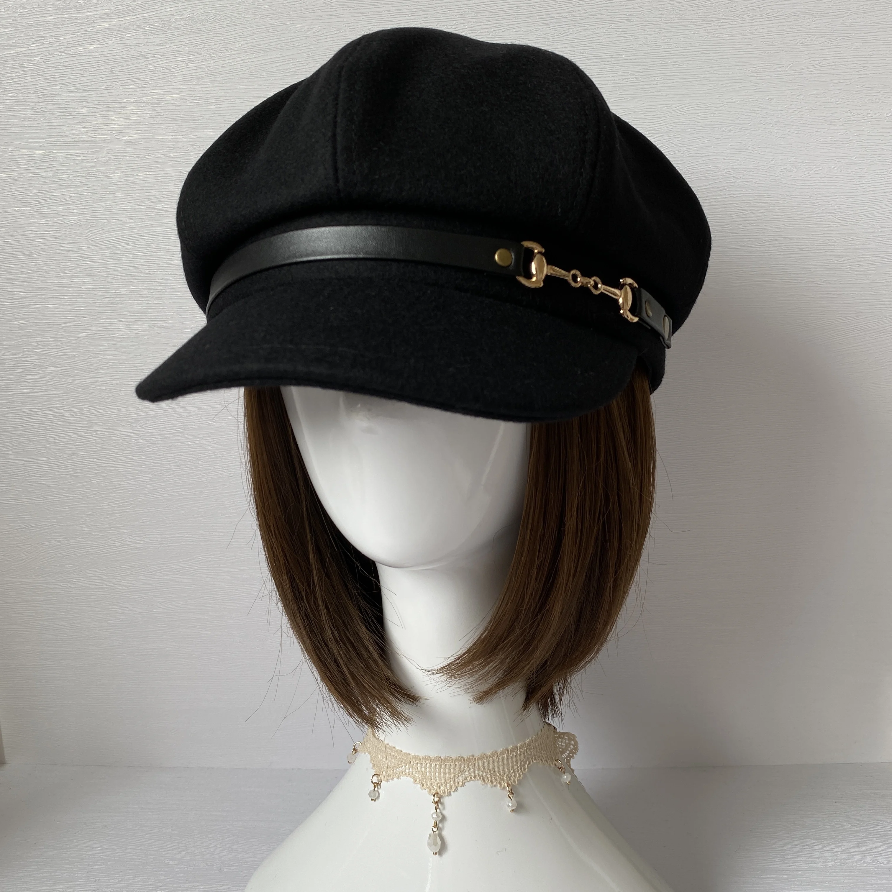 80% Woolen 54-60cm Large Head Circumference Black Retro Short-brimmed Octagonal Hat Painter Hat Newsboy