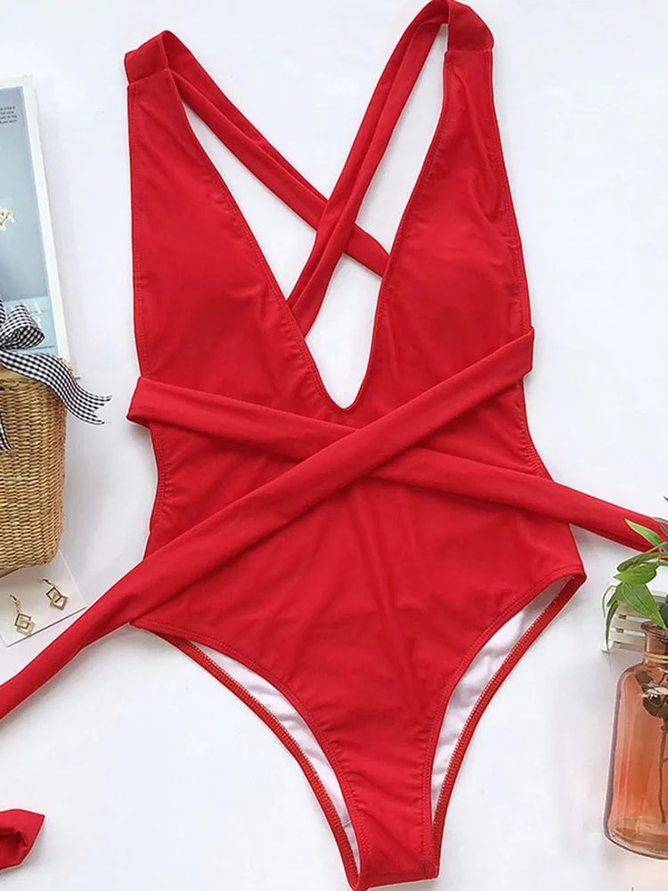 Plunging Women Swimsuit One Piece Sexy Swimwear Red Swimming Suit Monokini Crisscross Bathing Suits Beachwear