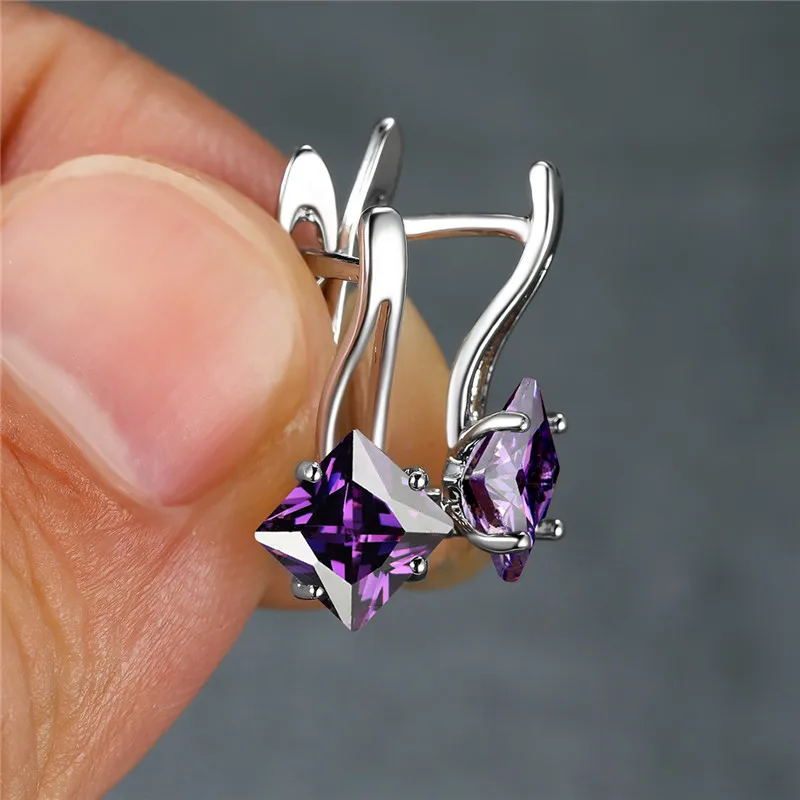 Multicolor Zircon Square Stone Earrings Rainbow Crystal Hoop Earrings Vintage Silver Color Wedding Earrings For Women Party Gift