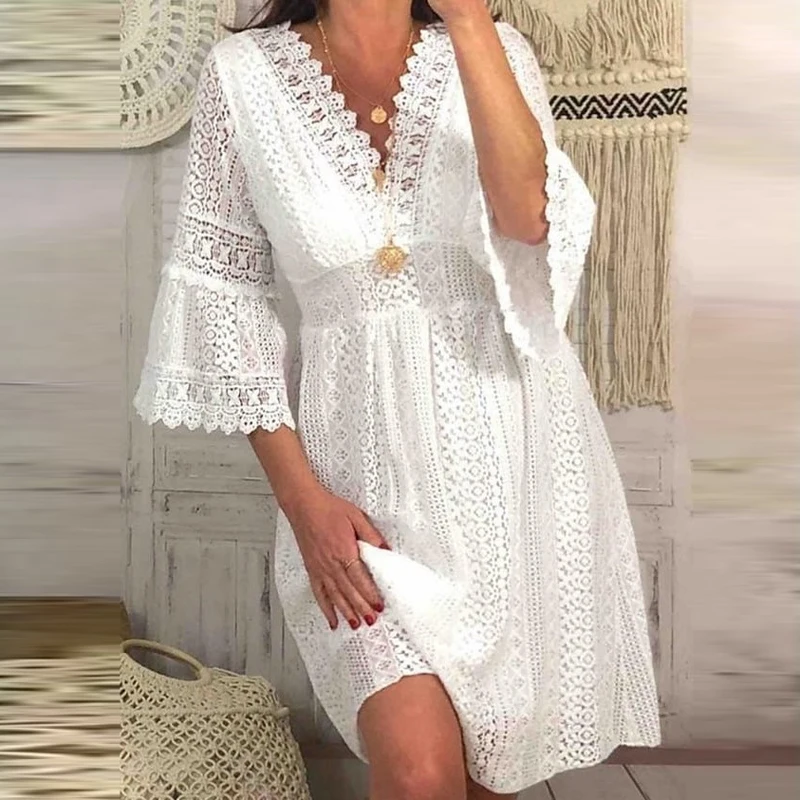 

2023 New Spring V Neck Embroidery Lace Dress Women Sexy Solid Hollow Office Mini Dress Summer 3/4 Flared Sleeve Lady Party Dress