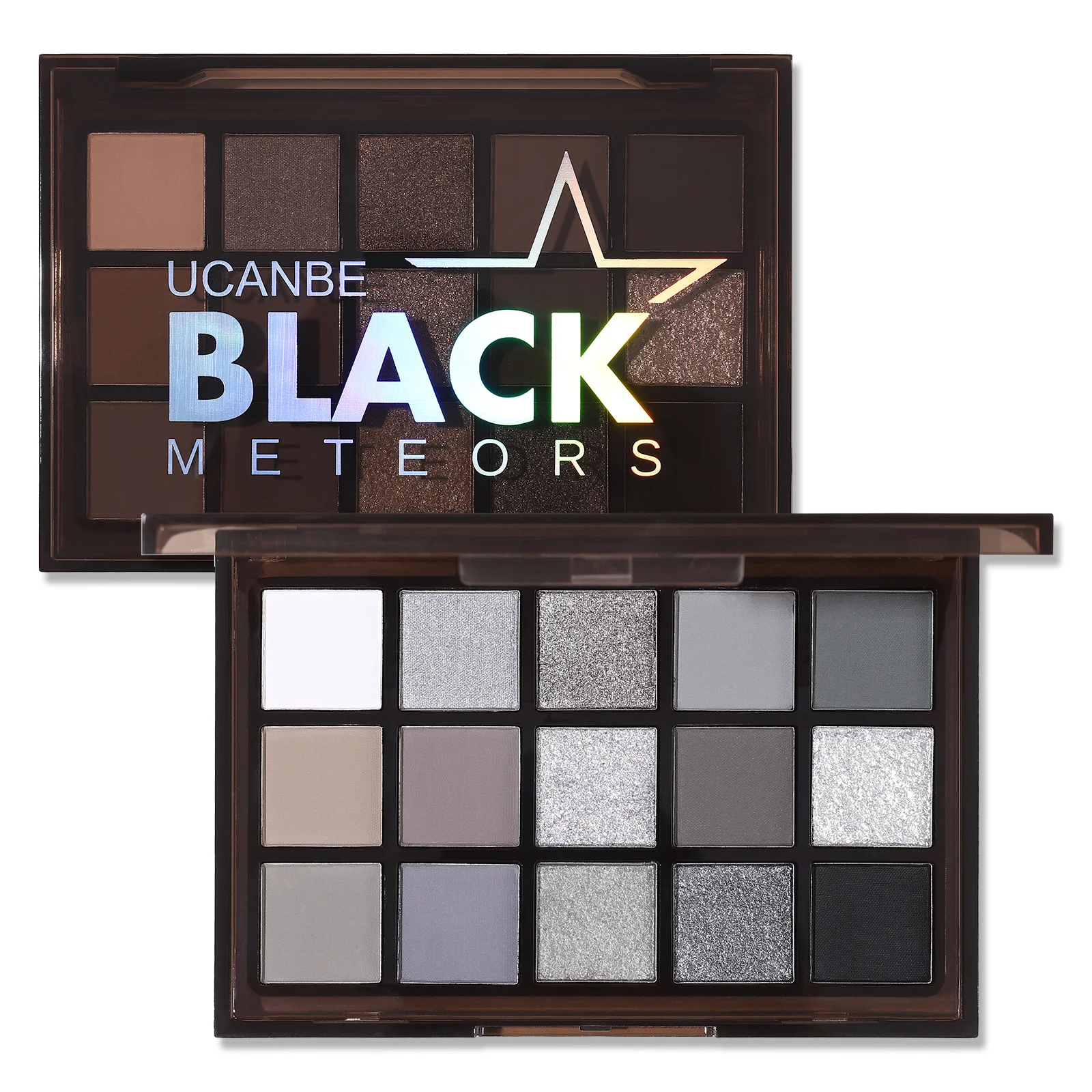 UCANBE Smokey Black Eyeshadow Palette, 15 Colors Dark Shimmer Matte Metallic Makeup Pallet, High Pigmented Gray Silver