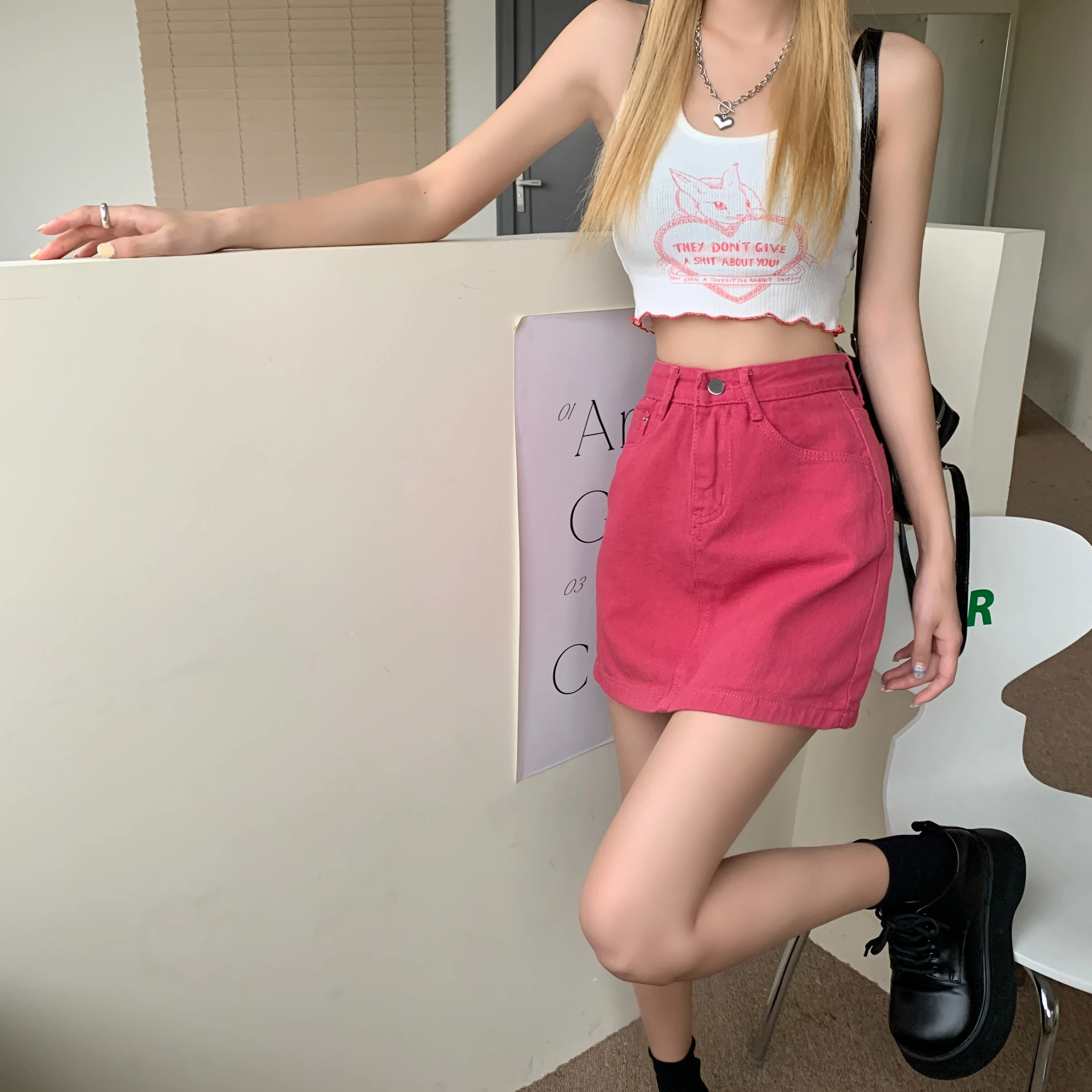 Ailegogo New Spring Summer Solid Color High Waist Wide Leg A-line Mini Denim Skirt Casual Female Washed Pink Ladies Jenas Skirts cute skirts