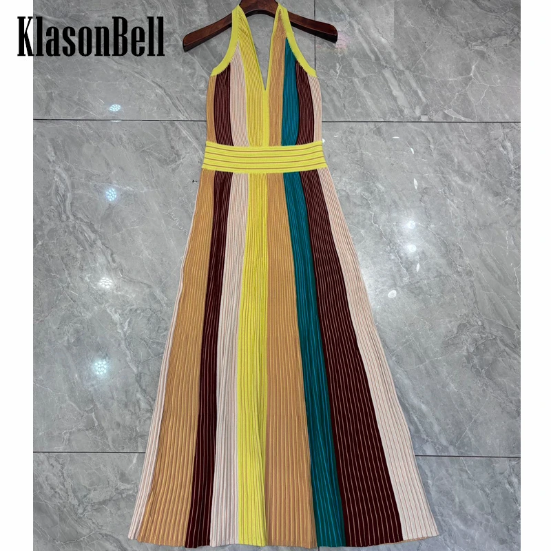 

5.8 KlasonBell New Arrival Fashion Sexy Backless Halter Knit Dress Women Contrast Color Striped V-Neck Temperament Maxi Dress