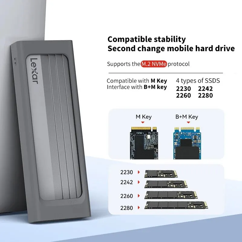 External Hard Drive Case Lexar Hard Drive Enclosure E300 M.2 NVMe Type-C All Aluminium Solid State Mobile Hard Drive Case High Speed 10Gbps Transport