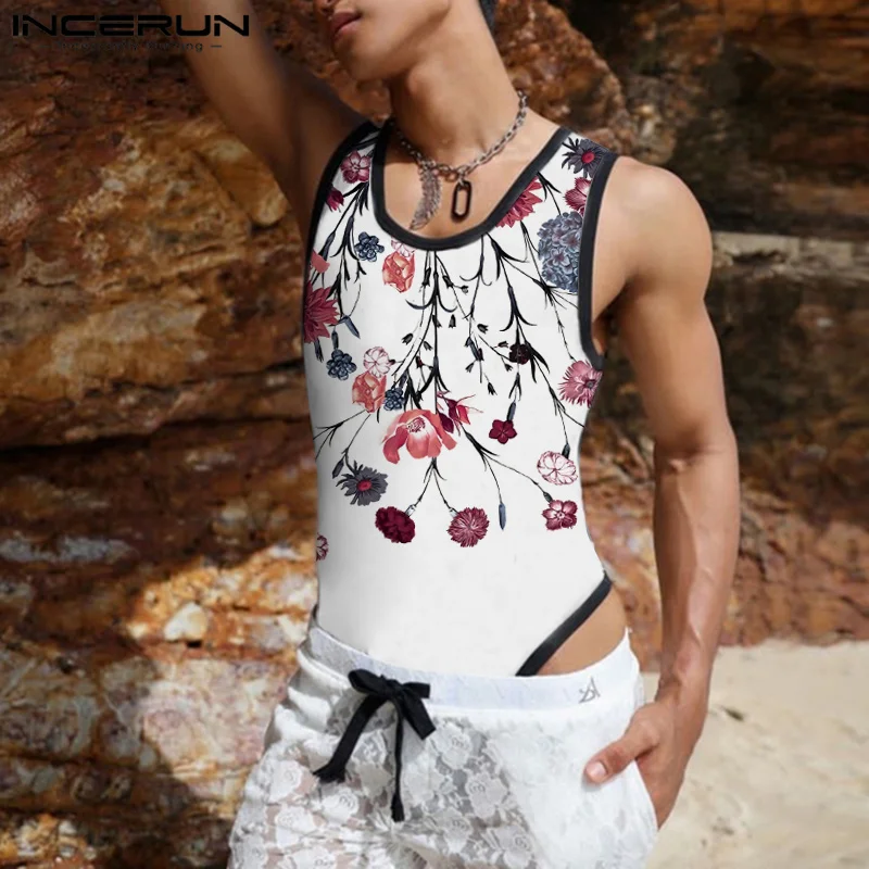 

2023 Men Bodysuits Flower Printing O-neck Sleeveless Fashion Rompers Male Tank Tops Summer Fitness Sexy Bodysuit S-3XL INCERUN