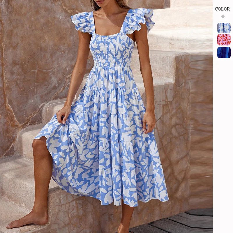 

GZHMR2024 Summer Women's Floral Print Bohemian Dress Short sleeved Square Neck Long Dress Women dresses y2k dress