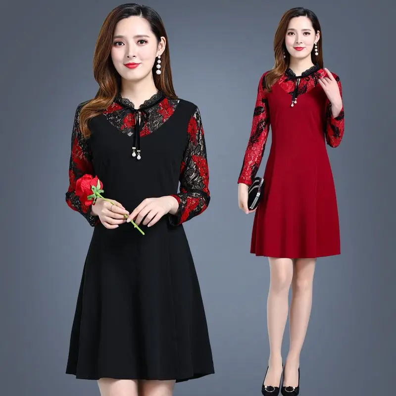 

Spring Summer Fall Solid Color Patchwork V-Neck Long Sleeve Women Elegant Fake Two Pieces Lace A-Line Knee Length Dress M376